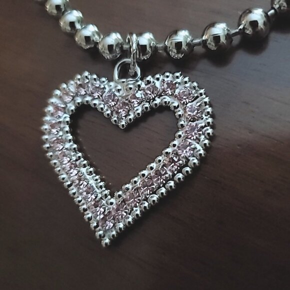 💃  Silver Balls Dog or Cat Neck chain With Heart Rhinestones Pendant 🌴 - Picture 5 of 7